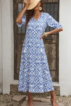 Outlet Dear-Lover V Neck Casual Geometric Print Maxi Dress Sky Blue