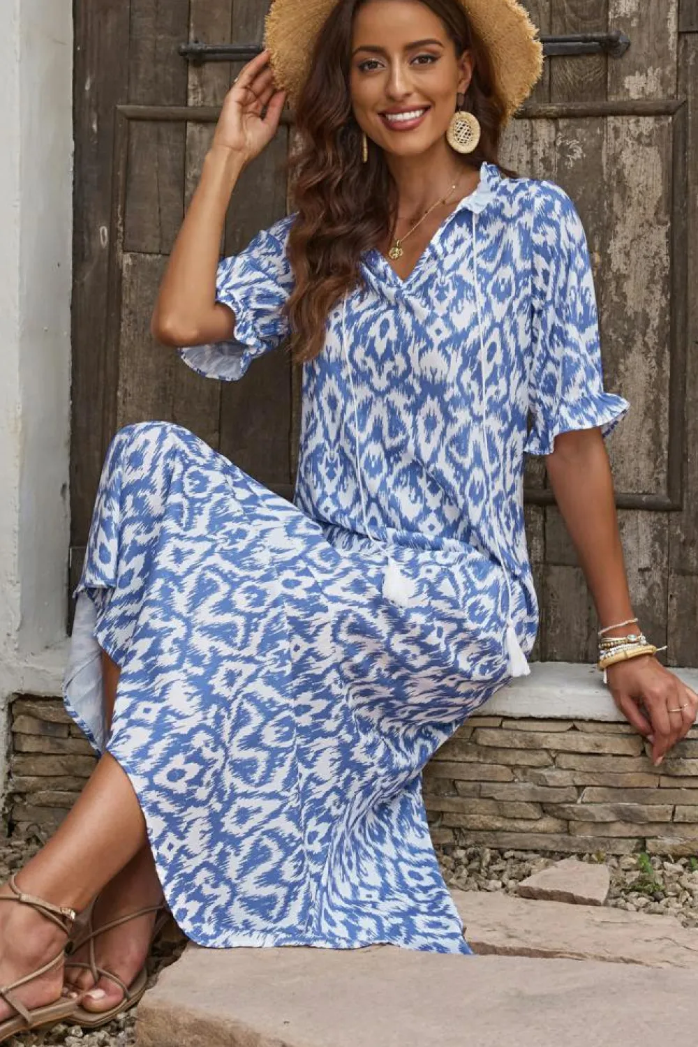 Outlet Dear-Lover V Neck Casual Geometric Print Maxi Dress Sky Blue