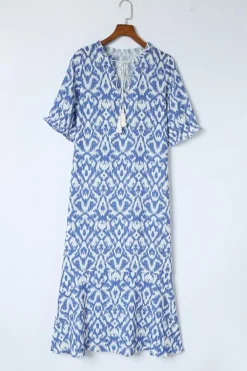 Outlet Dear-Lover V Neck Casual Geometric Print Maxi Dress Sky Blue