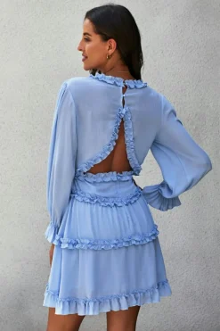 Best Dear-Lover V Neck Ruffle Detailing Open Back Dress Sky Blue