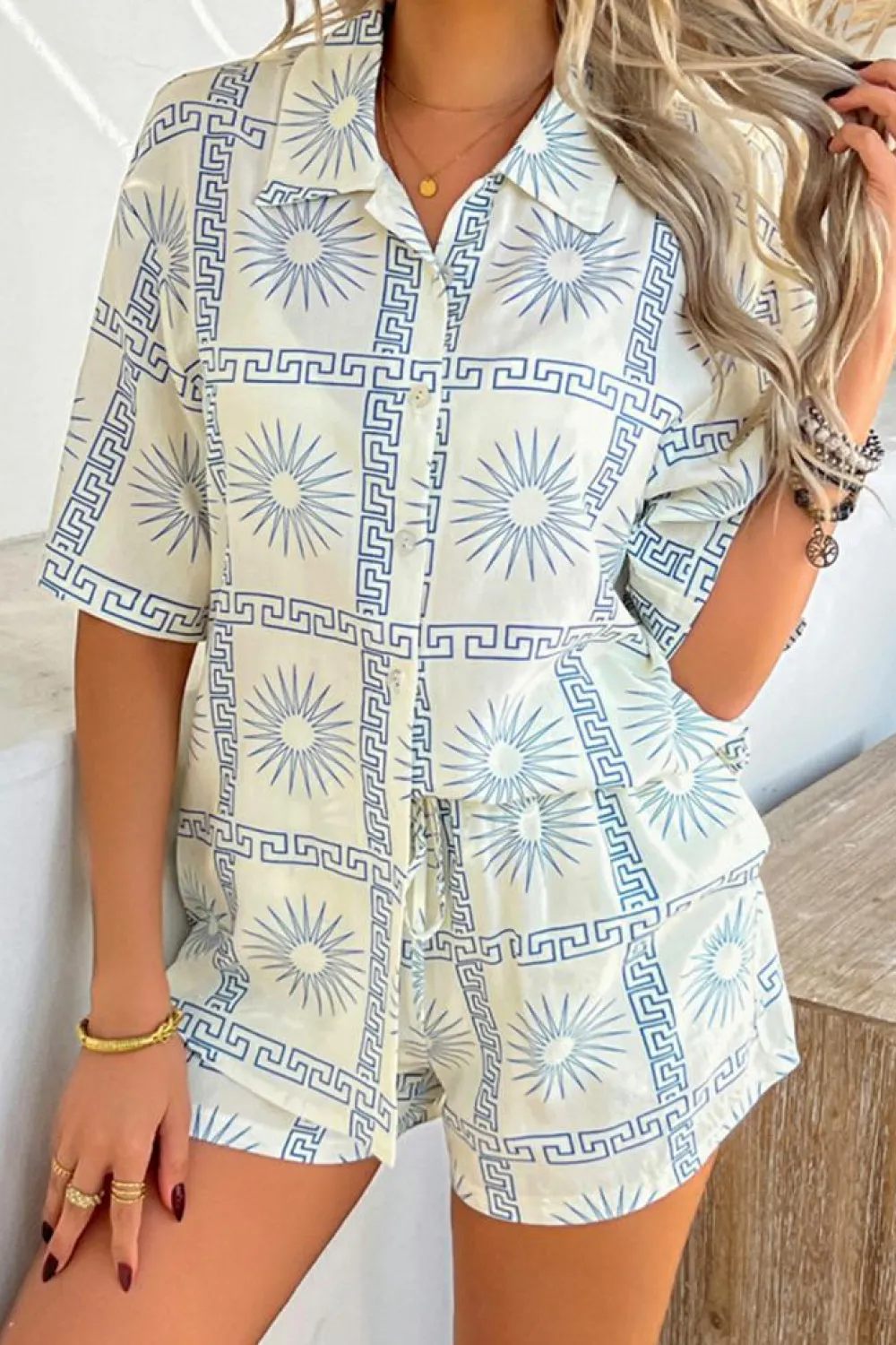 Clearance Dear-Lover Vacation Printed Loose Shirt and Drawstring Shorts Set Sky Blue