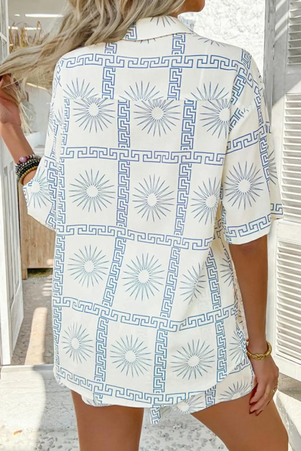 Clearance Dear-Lover Vacation Printed Loose Shirt and Drawstring Shorts Set Sky Blue