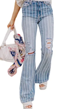New Dear-Lover Vertical Striped Ripped Flare Jeans Sky Blue