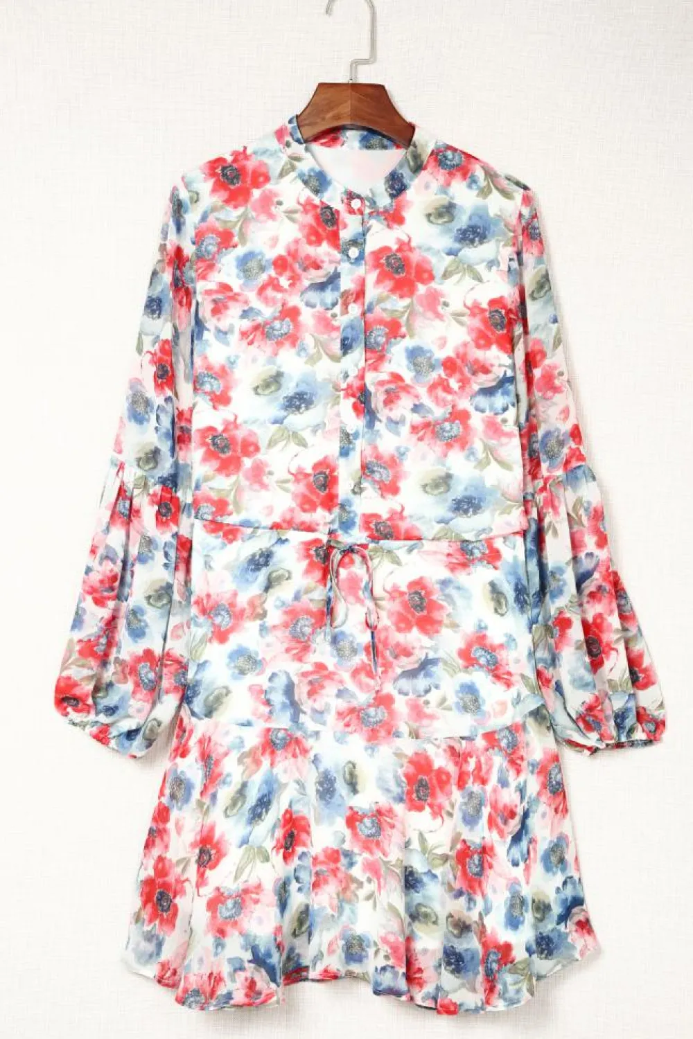 Fashion Dear-Lover Vintage Floral Print Drawstring Flowy Dress Sky Blue