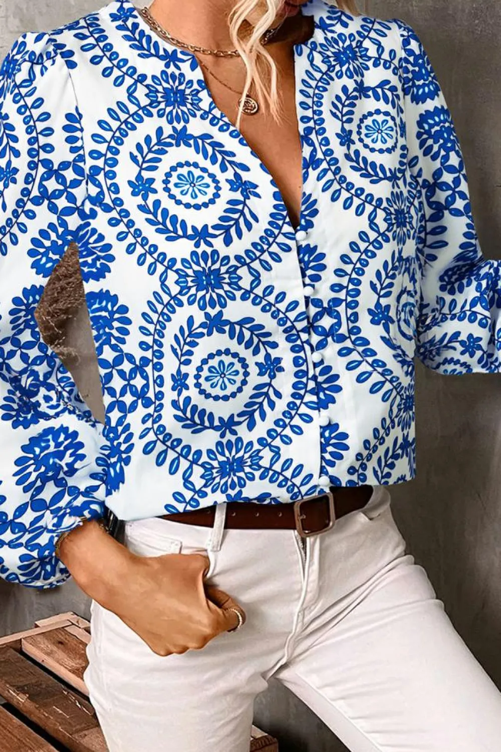 Clearance Dear-Lover Vintage Geometric Printed Puff Sleeve Slit V Neck Shirt Sky Blue