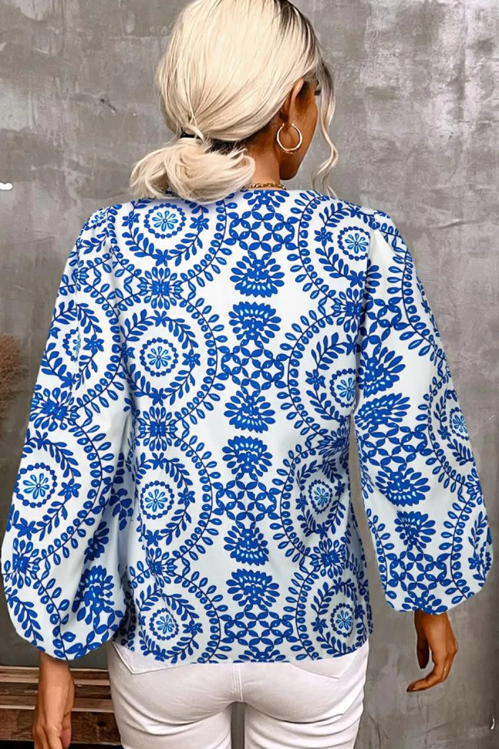 Clearance Dear-Lover Vintage Geometric Printed Puff Sleeve Slit V Neck Shirt Sky Blue