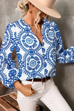 Clearance Dear-Lover Vintage Geometric Printed Puff Sleeve Slit V Neck Shirt Sky Blue