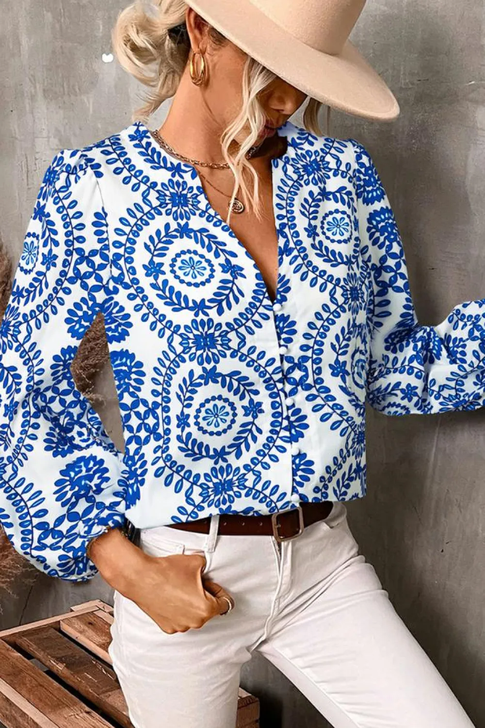 Clearance Dear-Lover Vintage Geometric Printed Puff Sleeve Slit V Neck Shirt Sky Blue