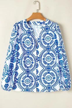 Clearance Dear-Lover Vintage Geometric Printed Puff Sleeve Slit V Neck Shirt Sky Blue