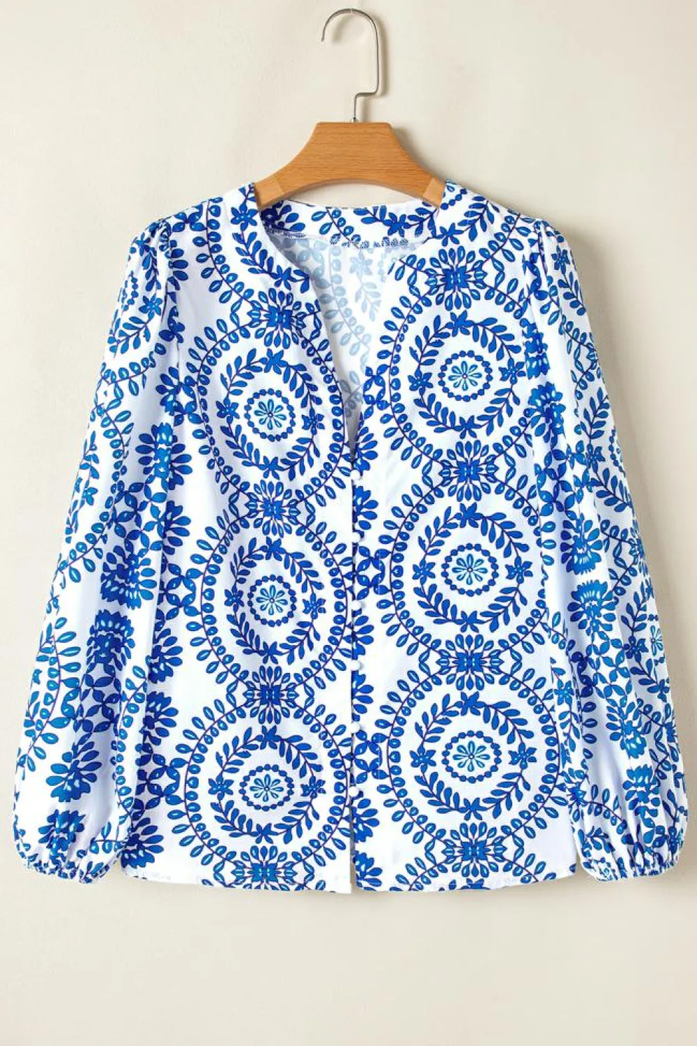 Clearance Dear-Lover Vintage Geometric Printed Puff Sleeve Slit V Neck Shirt Sky Blue