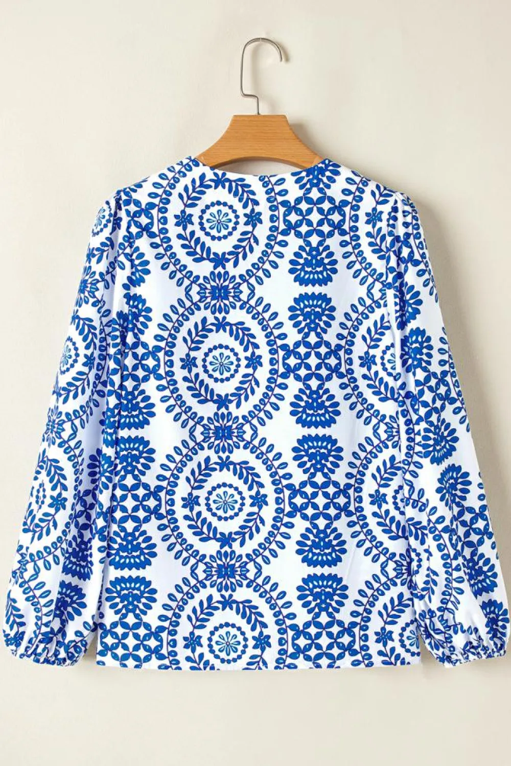 Clearance Dear-Lover Vintage Geometric Printed Puff Sleeve Slit V Neck Shirt Sky Blue