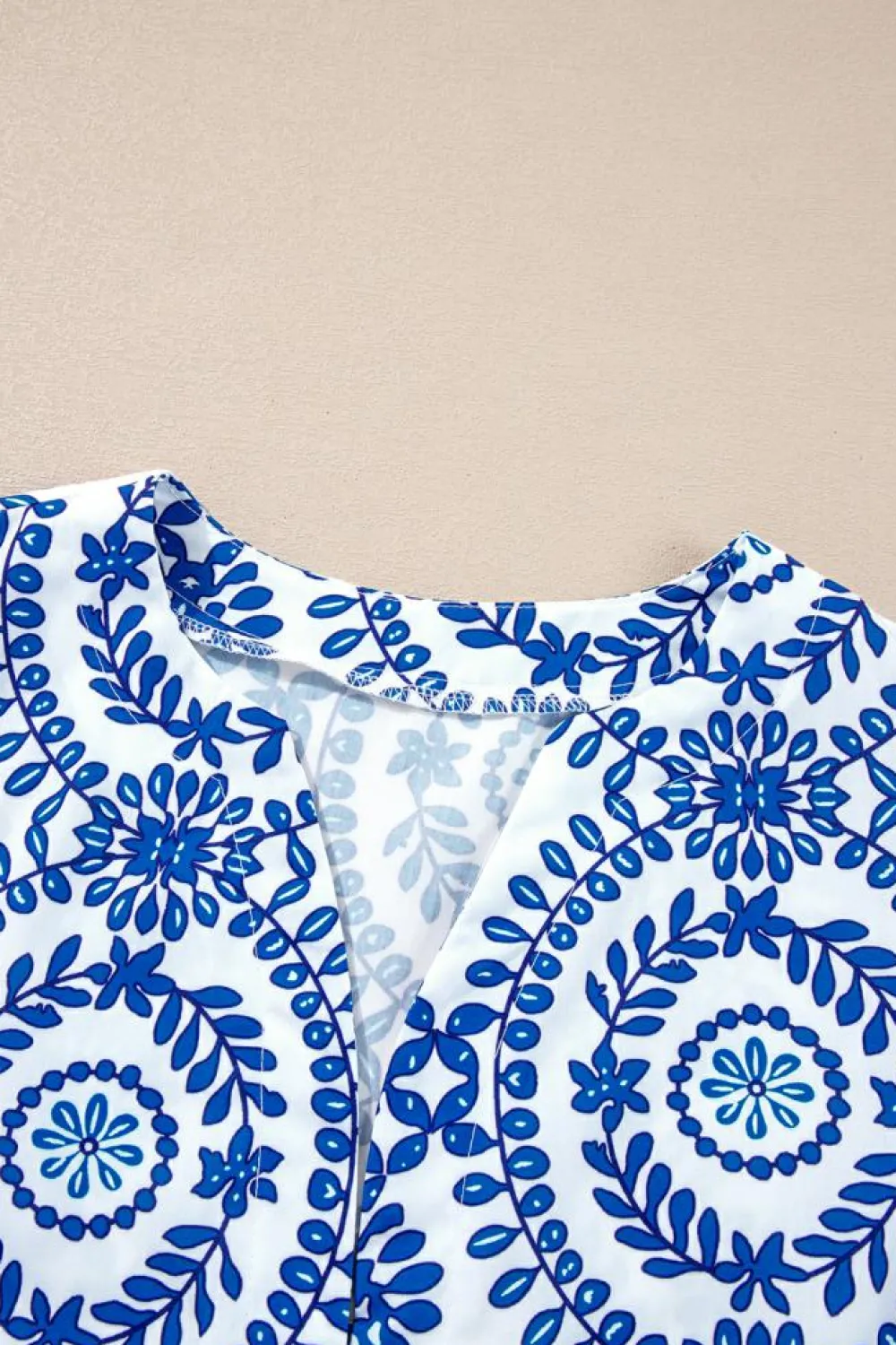 Clearance Dear-Lover Vintage Geometric Printed Puff Sleeve Slit V Neck Shirt Sky Blue