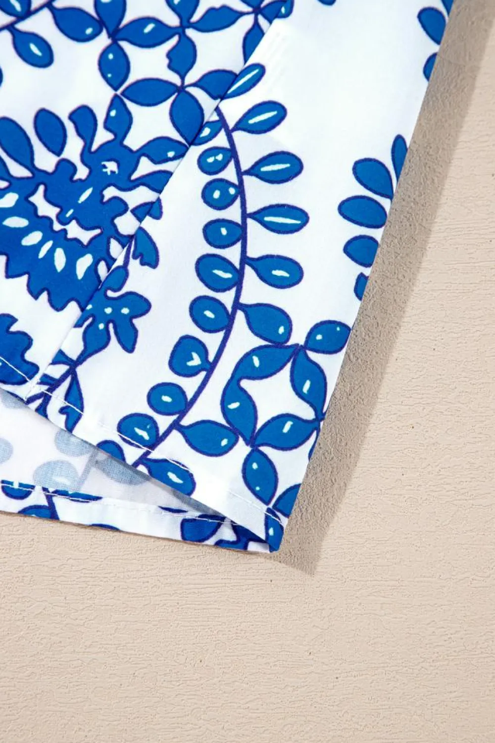 Clearance Dear-Lover Vintage Geometric Printed Puff Sleeve Slit V Neck Shirt Sky Blue
