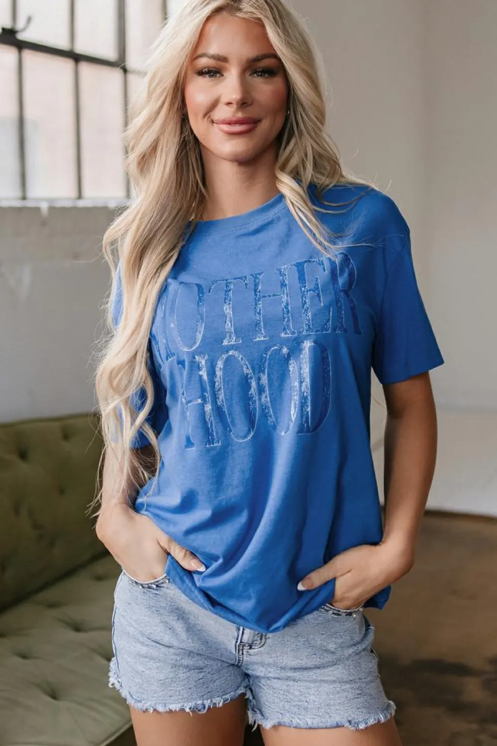 Online Dear-Lover Vintage MOTHERHOOD Letter Graphic T Shirt Sky Blue
