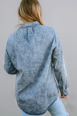 Clearance Dear-Lover Vintage Washed Chest Pocket Denim Shirt Sky Blue