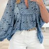 Outlet Dear-Lover Western Geometric Print Frilled V Neck Loose Fit Blouse Sky Blue