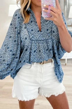 Outlet Dear-Lover Western Geometric Print Frilled V Neck Loose Fit Blouse Sky Blue