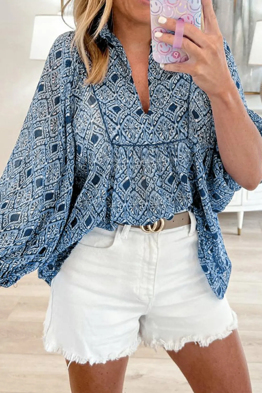 Outlet Dear-Lover Western Geometric Print Frilled V Neck Loose Fit Blouse Sky Blue