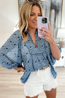 Outlet Dear-Lover Western Geometric Print Frilled V Neck Loose Fit Blouse Sky Blue