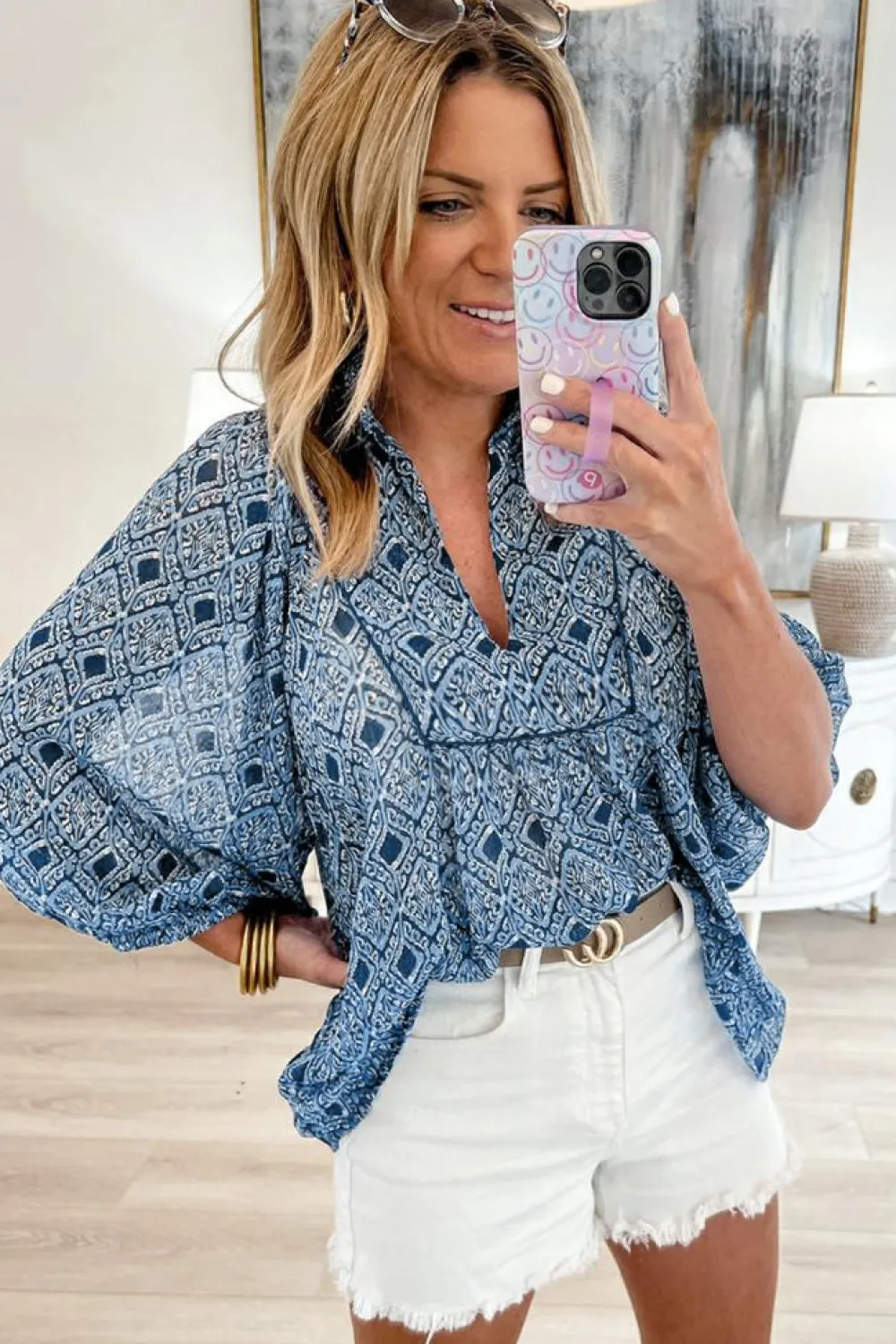 Outlet Dear-Lover Western Geometric Print Frilled V Neck Loose Fit Blouse Sky Blue