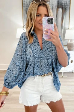 Outlet Dear-Lover Western Geometric Print Frilled V Neck Loose Fit Blouse Sky Blue