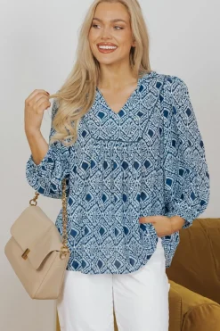 Outlet Dear-Lover Western Geometric Print Frilled V Neck Loose Fit Blouse Sky Blue