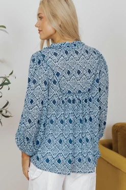 Outlet Dear-Lover Western Geometric Print Frilled V Neck Loose Fit Blouse Sky Blue
