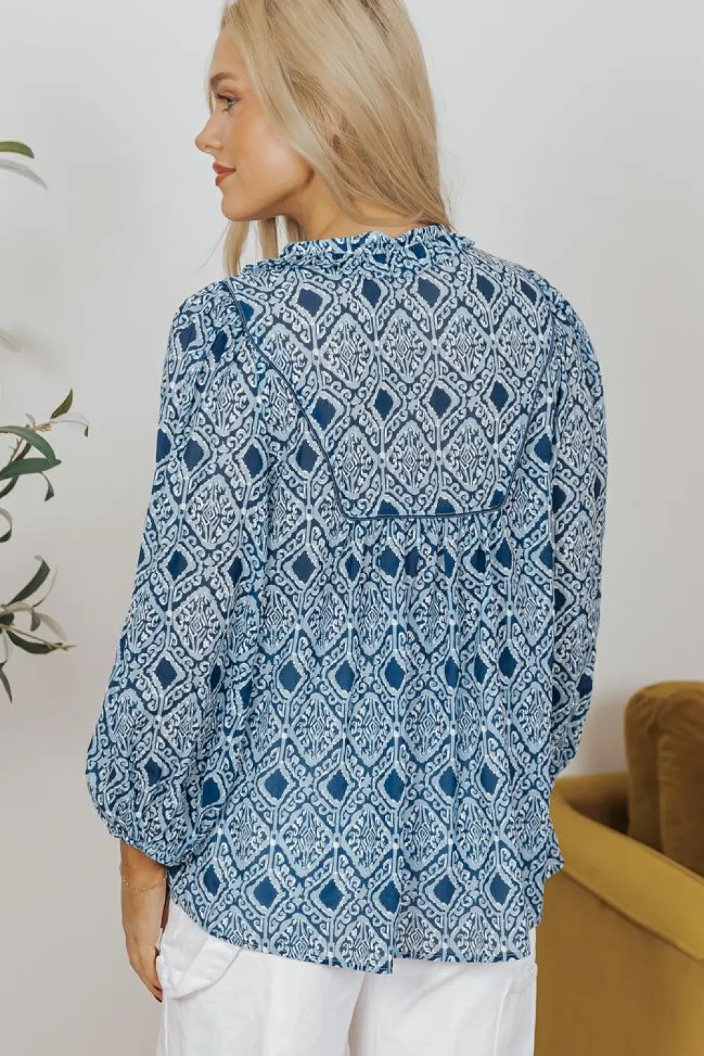 Outlet Dear-Lover Western Geometric Print Frilled V Neck Loose Fit Blouse Sky Blue
