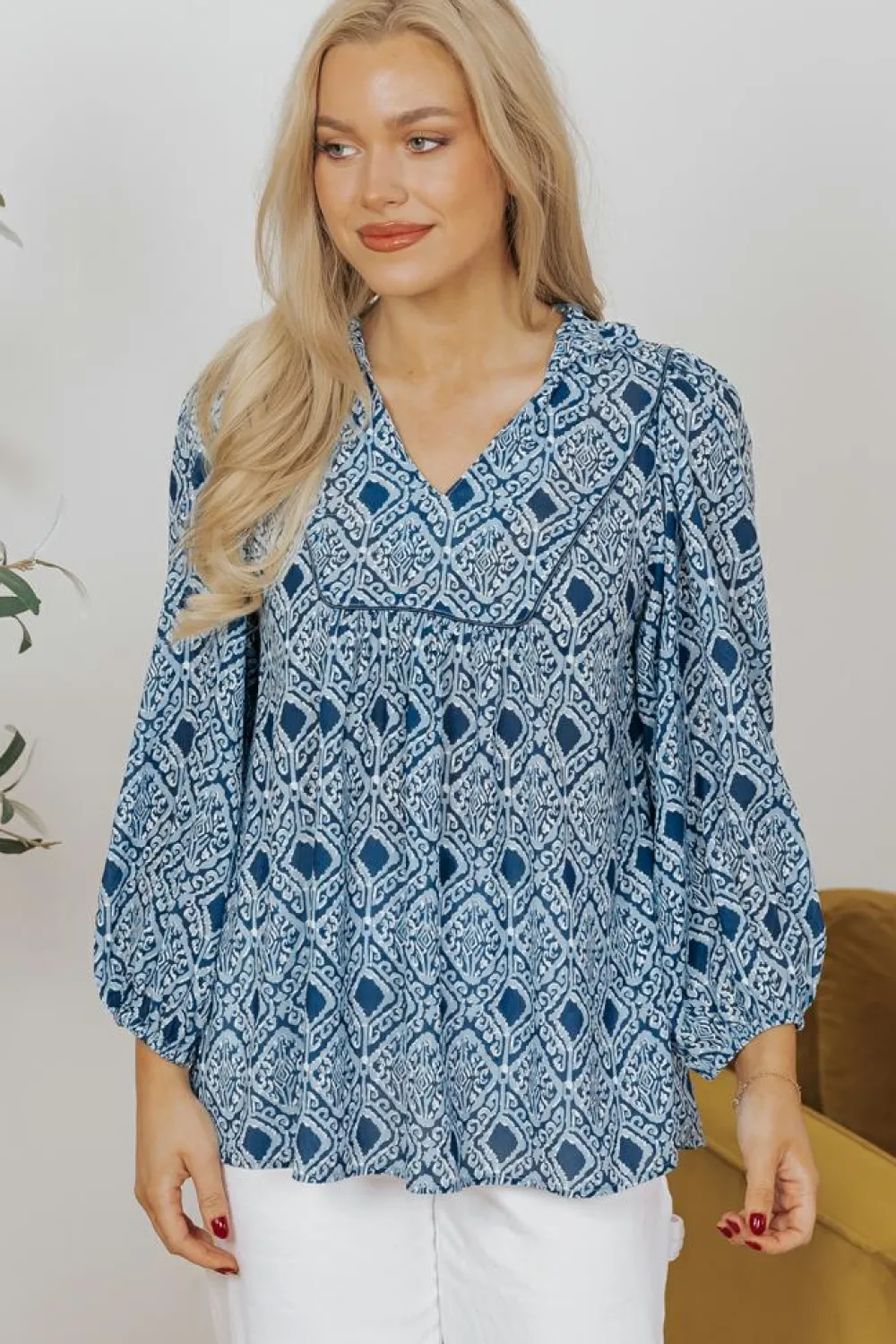 Outlet Dear-Lover Western Geometric Print Frilled V Neck Loose Fit Blouse Sky Blue