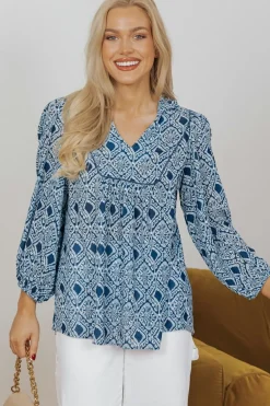 Outlet Dear-Lover Western Geometric Print Frilled V Neck Loose Fit Blouse Sky Blue