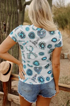 Online Dear-Lover Western Turquoise Printed Crewneck Slim Fit Tee Sky Blue