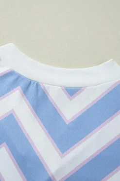 Fashion Dear-Lover Zigzag Striped Print V Neck Oversized Top Sky Blue