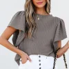 Online Dear-Lover Solid Color Textured Flutter Sleeve Top Sleet