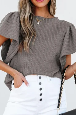 Online Dear-Lover Solid Color Textured Flutter Sleeve Top Sleet
