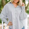 Best Dear-Lover Smocked Cuffed Striped Boyfriend Shirt with Pocket Black