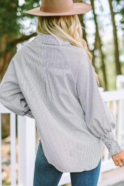 Best Dear-Lover Smocked Cuffed Striped Boyfriend Shirt with Pocket Black