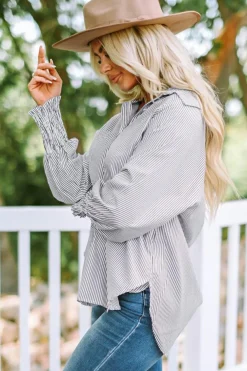 Best Dear-Lover Smocked Cuffed Striped Boyfriend Shirt with Pocket Black