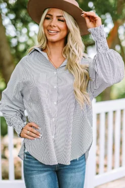 Best Dear-Lover Smocked Cuffed Striped Boyfriend Shirt with Pocket Black