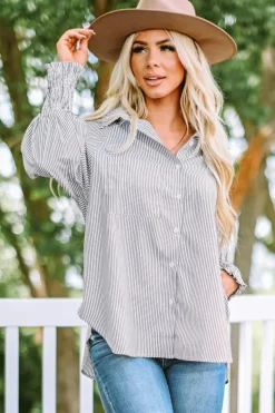 Best Dear-Lover Smocked Cuffed Striped Boyfriend Shirt with Pocket Black