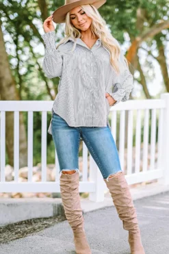 Best Dear-Lover Smocked Cuffed Striped Boyfriend Shirt with Pocket Black