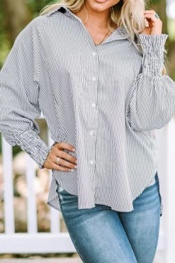 Best Dear-Lover Smocked Cuffed Striped Boyfriend Shirt with Pocket Black