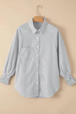 Best Dear-Lover Smocked Cuffed Striped Boyfriend Shirt with Pocket Black