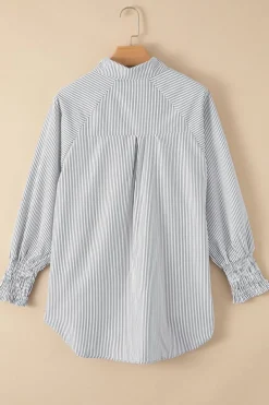 Best Dear-Lover Smocked Cuffed Striped Boyfriend Shirt with Pocket Black