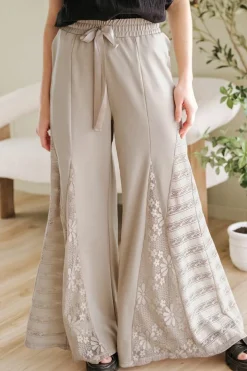 New Dear-Lover Boho Lace Patchwork Wide Leg High Waist Pants Smoke Gray