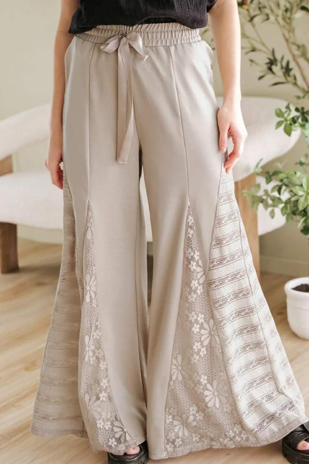 New Dear-Lover Boho Lace Patchwork Wide Leg High Waist Pants Smoke Gray
