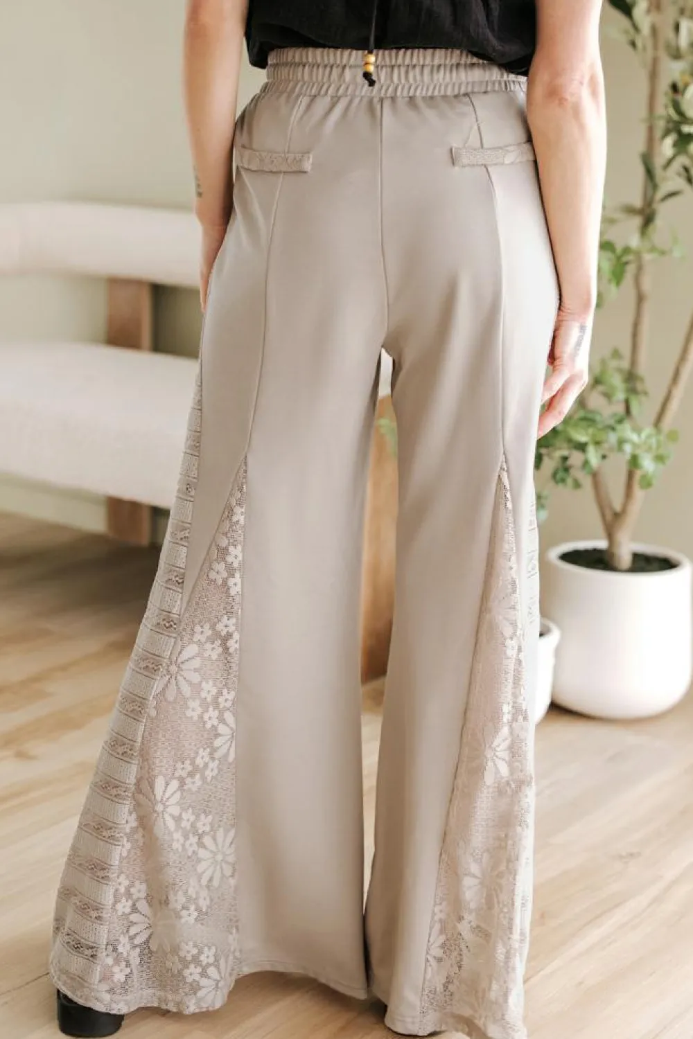 New Dear-Lover Boho Lace Patchwork Wide Leg High Waist Pants Smoke Gray