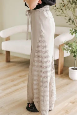 New Dear-Lover Boho Lace Patchwork Wide Leg High Waist Pants Smoke Gray