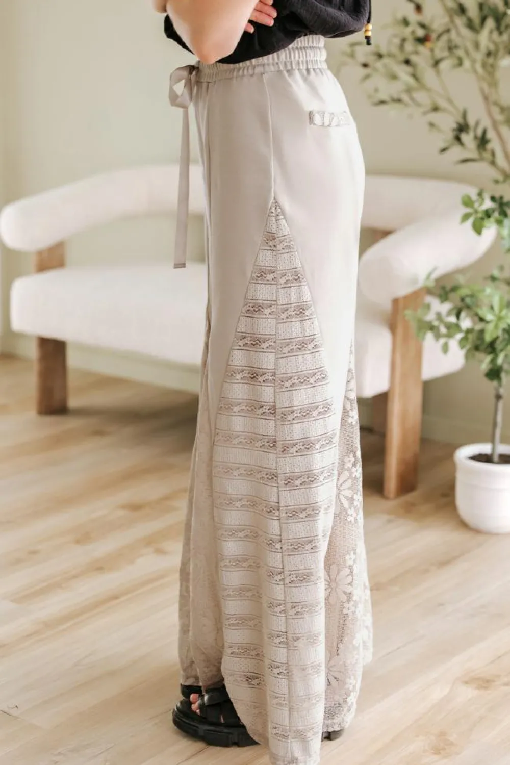 New Dear-Lover Boho Lace Patchwork Wide Leg High Waist Pants Smoke Gray