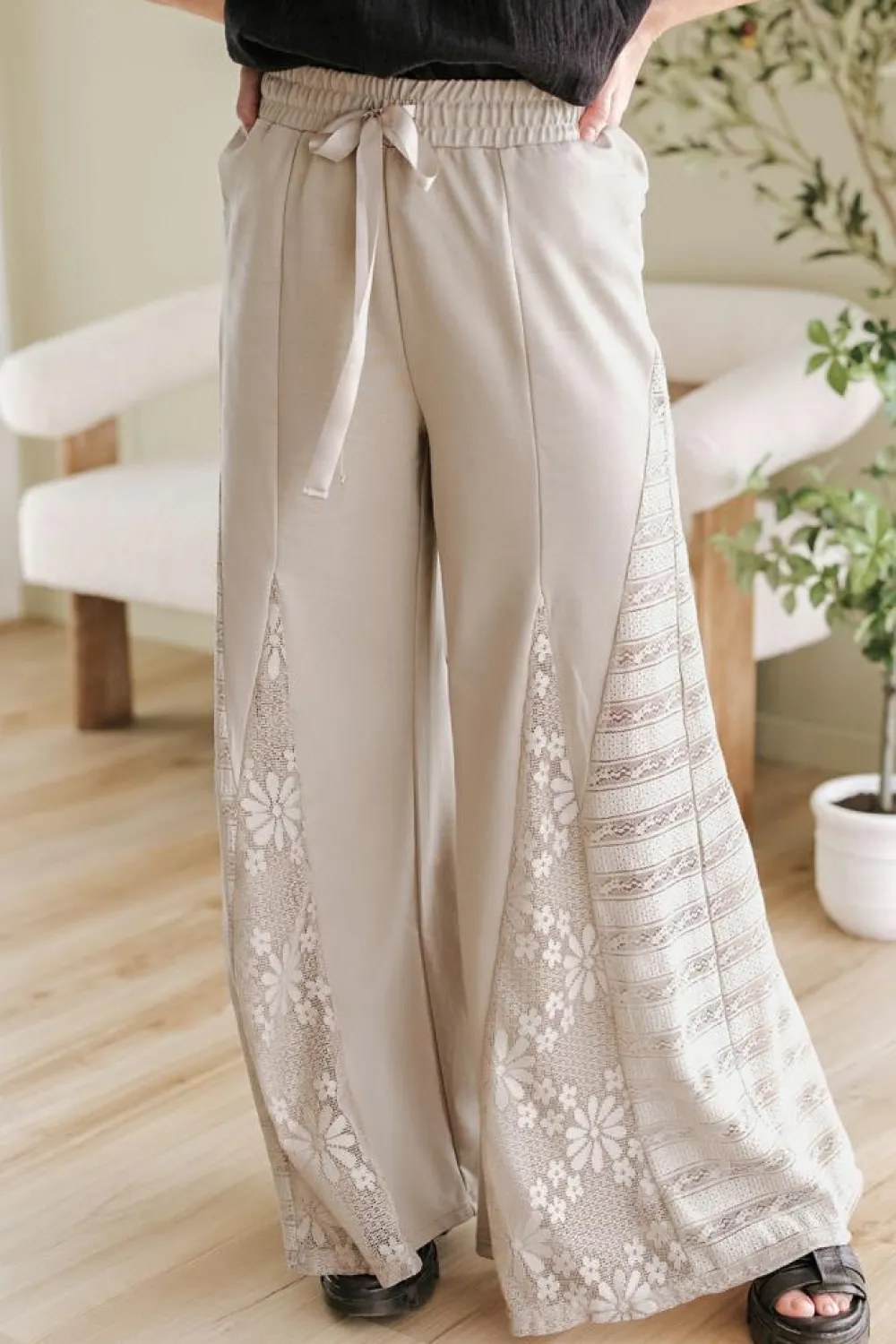 New Dear-Lover Boho Lace Patchwork Wide Leg High Waist Pants Smoke Gray