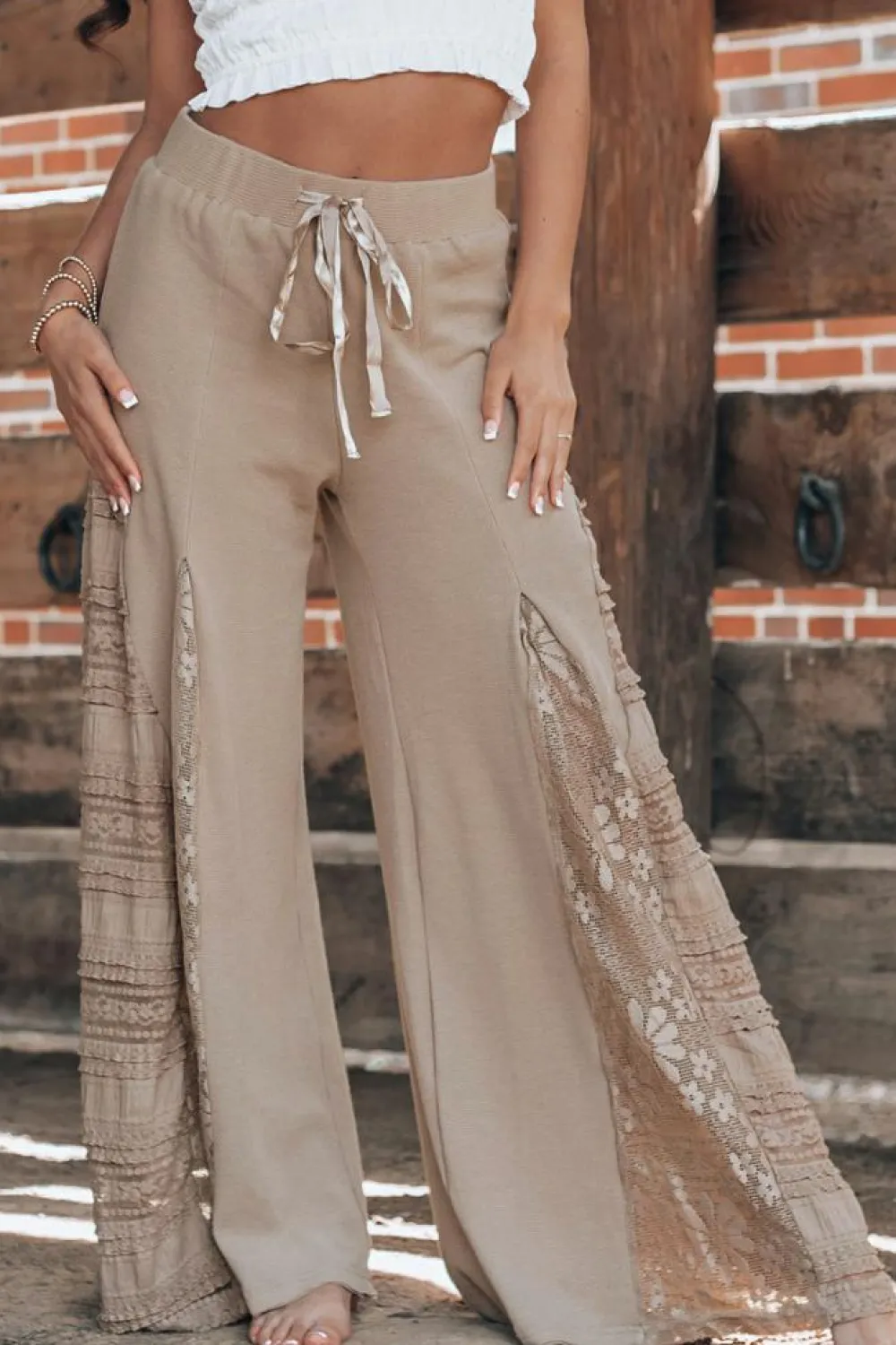 New Dear-Lover Boho Lace Patchwork Wide Leg High Waist Pants Smoke Gray